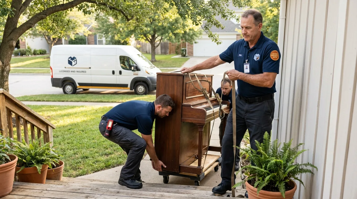 Licensed piano movers securing grand piano in WaKeeney, KS