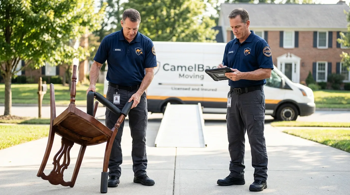 Movers inspecting furniture for damage prevention before loading in WaKeeney, KS
