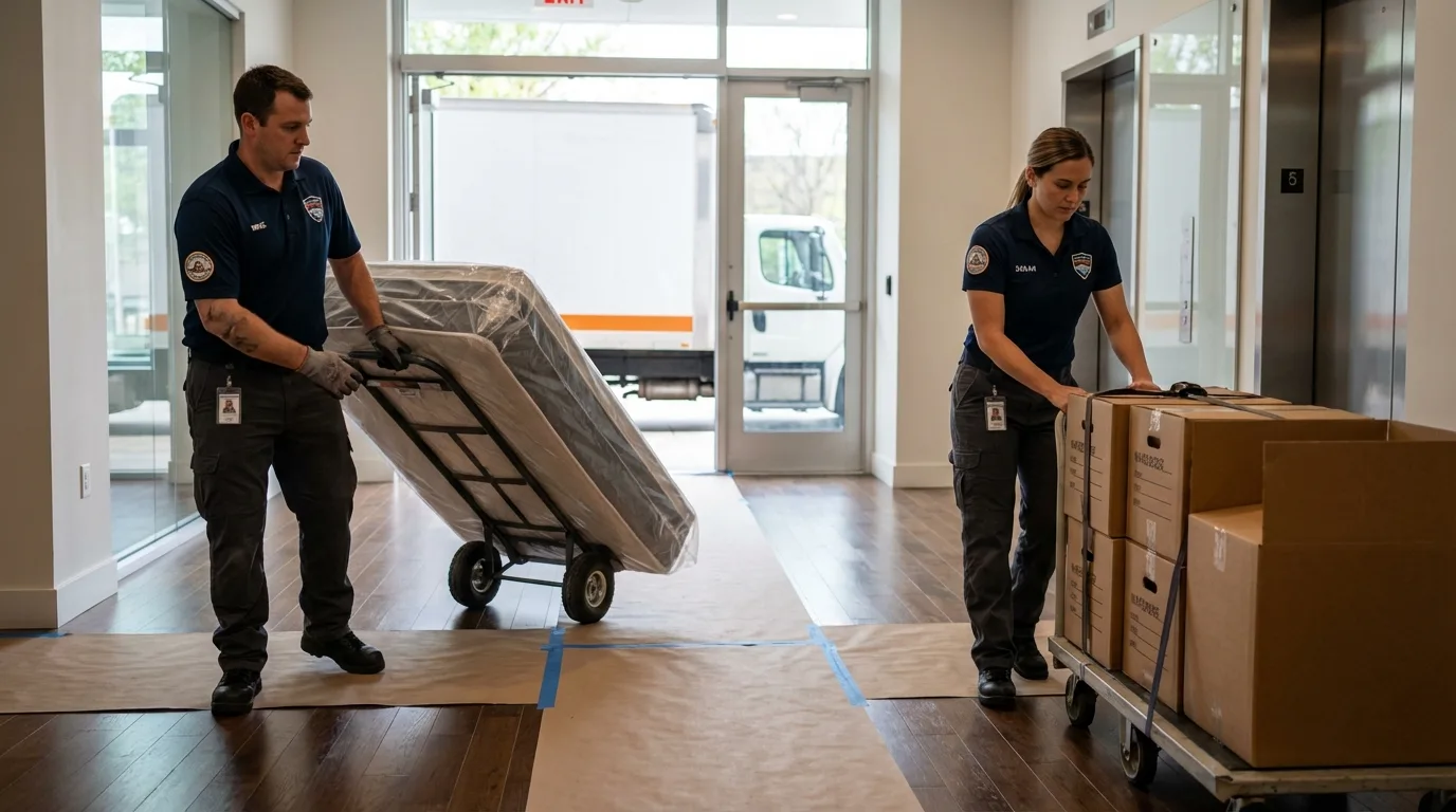 Professional apartment movers loading elevator in WaKeeney, KS